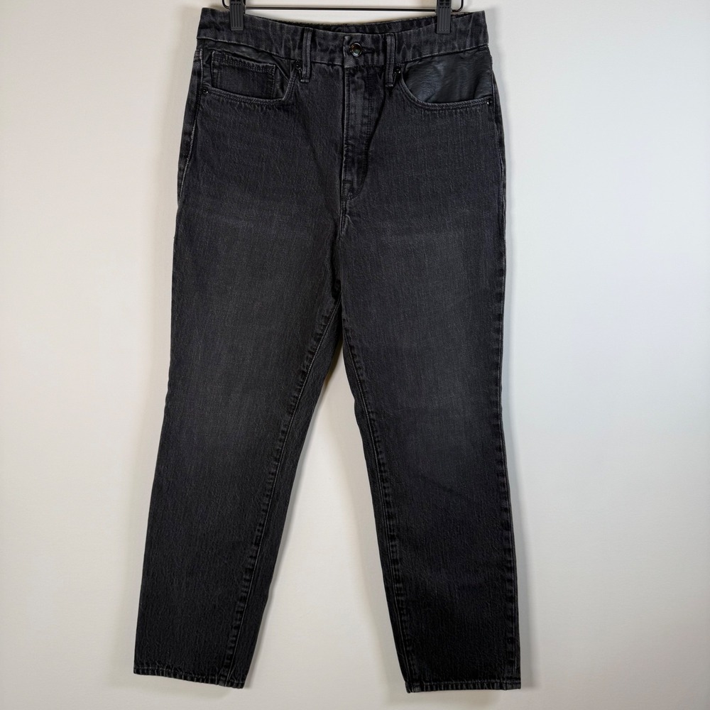 Good American Good Vintage Denim Jeans 4/27 Black Faux Leather Trim High‎ Rise
